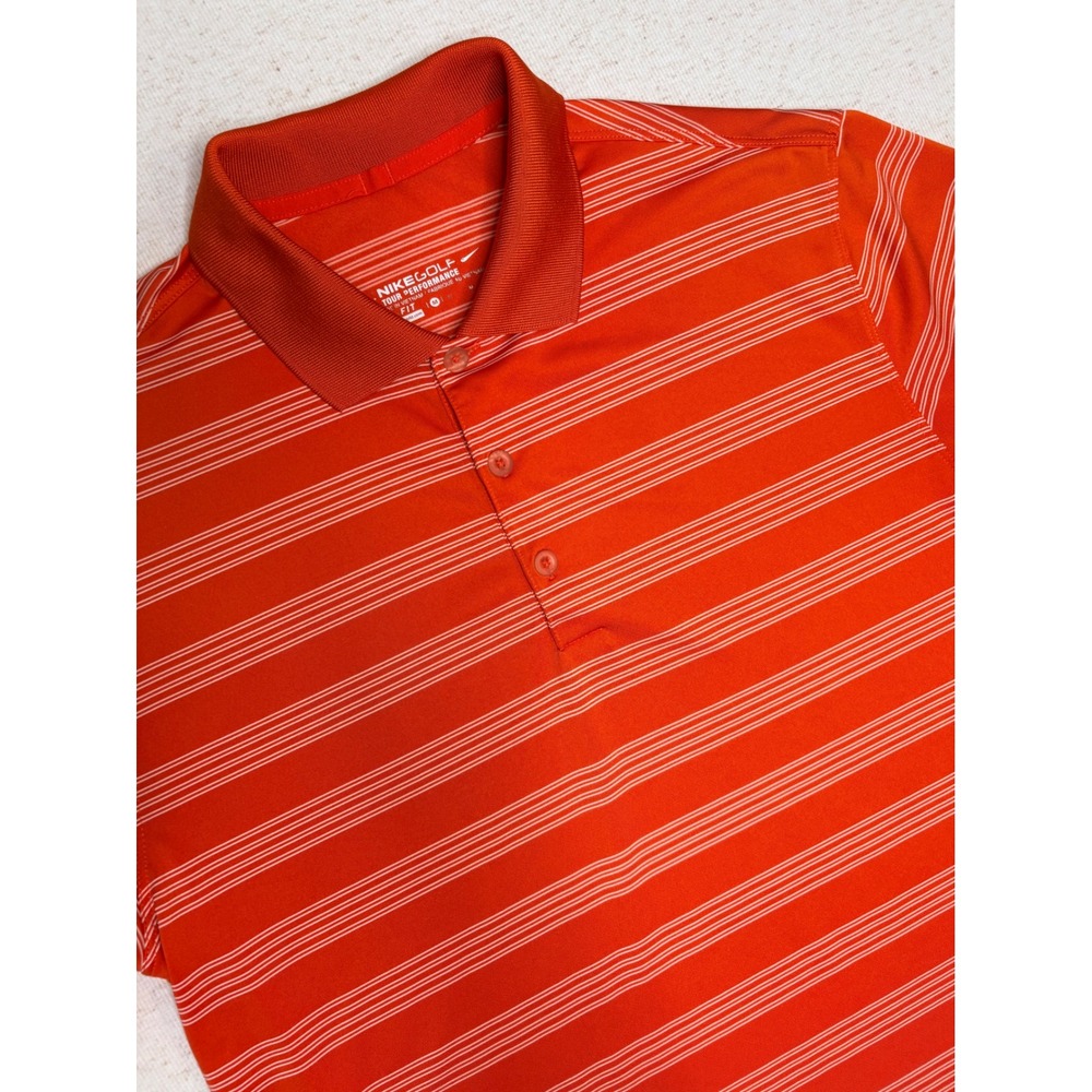 Nike Golf Tour Performance Mens Medium Orange Striped Dri-FIT‎ Polo Shirt